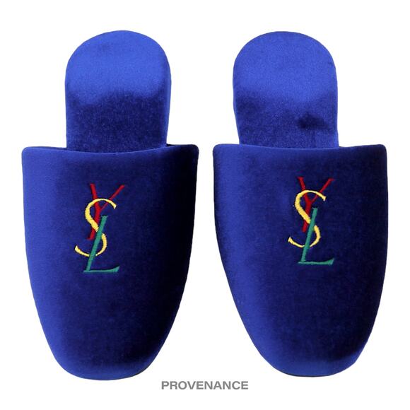 🔴 Yves Saint Laurent YSL Logo Slipper - Blue Velour - Picture 1 of 7
